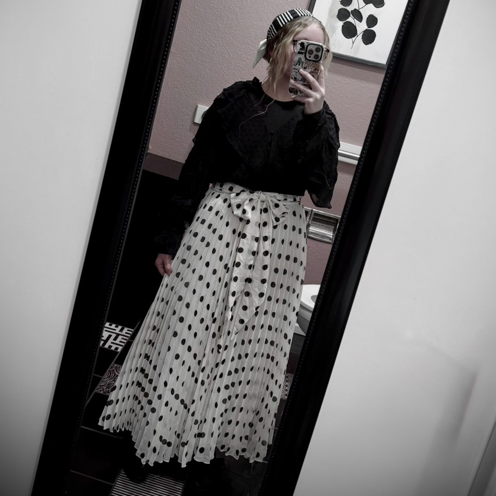 Polka Dot Tie-Waist Midi Skirt - Black & White